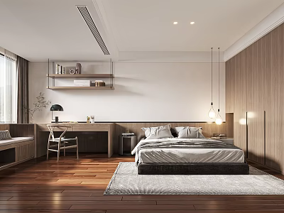 Modern Bedroom Interior Design With Wooden Flooring Large Bed Pendant Lights And Rug 3d model