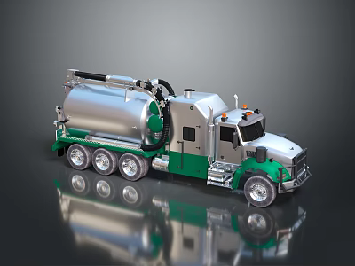 Silver And Green Sewage Tanker Truck With Multiple Wheels And Pipeline Equipment 3d model