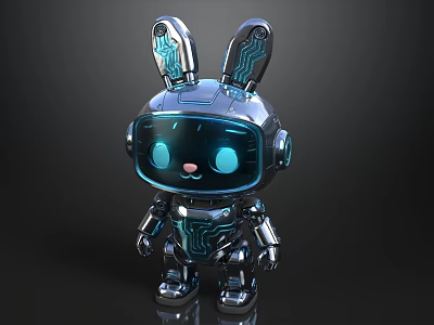 Silver Metallic Robot Rabbit With Blue Eyes And Shiny Ears On Black Background 3d model