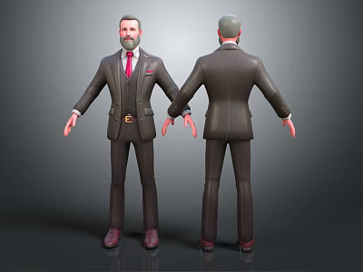 Male Characters in Dark Suits Front Back Views with Red Ties Brown Shoes Gray Background 3d model
