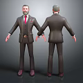 Male Characters in Dark Suits Front Back Views with Red Ties Brown Shoes Gray Background
