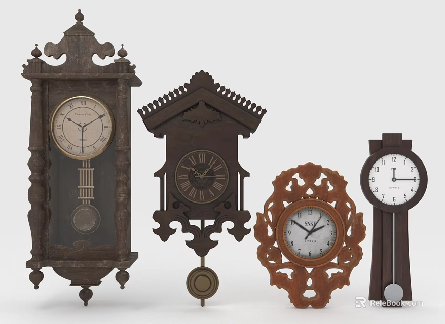 Vintage Wooden Wall Clocks With Various Carved Designs And Decorative Elements 3d model 