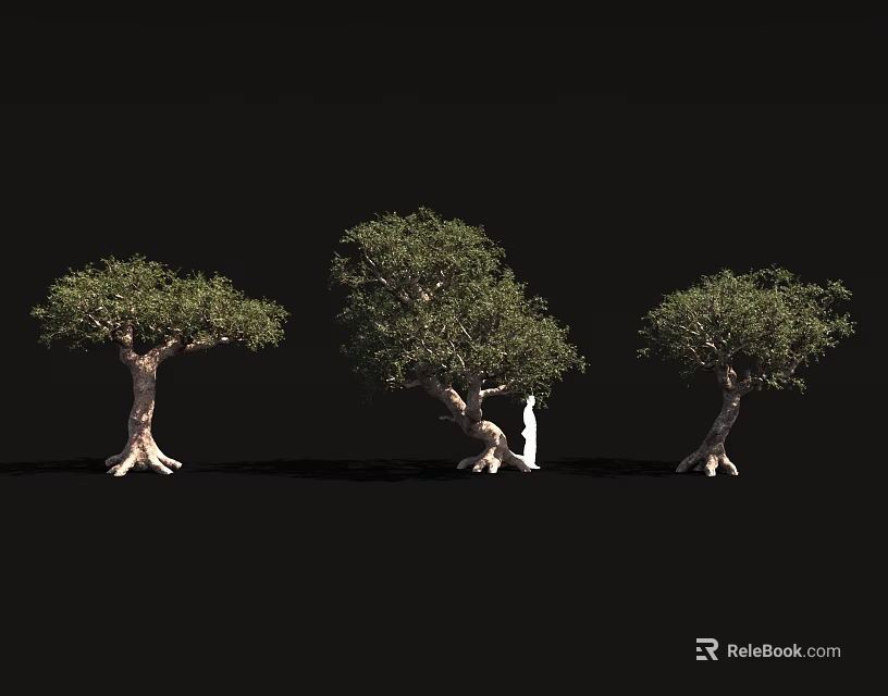 Three Trees with Distinctive Trunk Shapes and Exposed Roots Featuring Small White Figure 3d model