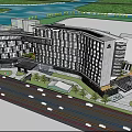Modern Hotel Building Featuring Curved Glass Curtain Walls And Reflective Pool Under Blue Sky