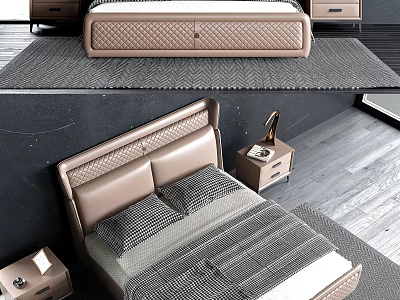 Modern Double Bed With Beige Upholstered Headboard And Wooden Nightstand In Minimalist Bedroom 3d model