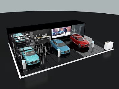Modern Car Showroom Booth With Blue Red Cars And Display Screen 3d model