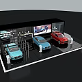 Modern Car Showroom Booth With Blue Red Cars And Display Screen