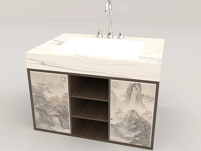 Chinese Style Bathroom Vanity With Marble Countertop And Landscape Painting Cabinet Doors 3d model