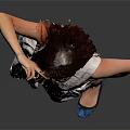 Woman in White Dress Posing with Hand on Forehead and Blue Shoes Against Gray Background