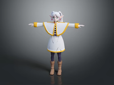 Child Character In White Cape With Yellow Trim White Hair And Brown Boots Arms Outstretched 3d model