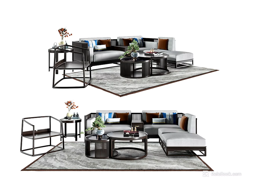 Modern Sofa And Coffee Table Set With Decorative Pillows Side Table And Area Rug 3d model