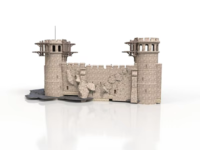 Medieval Stone Castle Architecture With Twin Towers Crenellations And Carved Walls 3d model