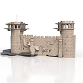 Medieval Stone Castle Architecture With Twin Towers Crenellations And Carved Walls