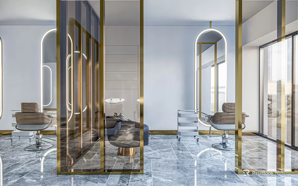 Modern Beauty Hair Salon Interior With Glass Partitions Gold Frames And Marble Flooring 3d model 