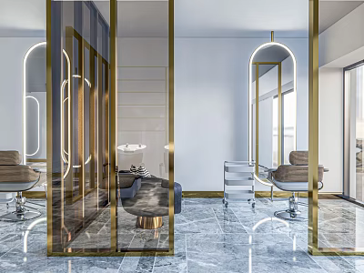 Modern Beauty Hair Salon Interior With Glass Partitions Gold Frames And Marble Flooring 3d model