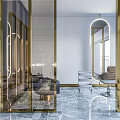 Modern Beauty Hair Salon Interior With Glass Partitions Gold Frames And Marble Flooring