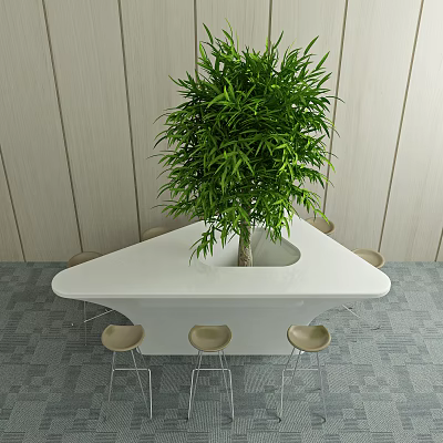 Light Brown Outdoor High Back Chairs Around White Hexagonal Table With Green Plant 3d model