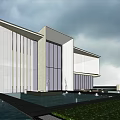 Modern Sales Office Building With Glass Curtain Walls Water Pool And High Rise Buildings