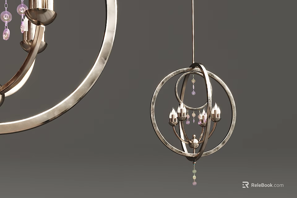 Elegant Modern Chandelier With Metallic Ring Structure Crystal Pendants And Multiple Candle Lights 3d model 
