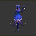 Fantasy Game Movie Character With Blue Outfit Pink Hair Lantern Staff And Petal Like Skirt Glowing Decorations