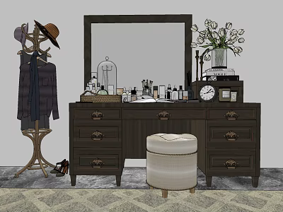 Dark Dressing Table with Mirror Drawers Clothes Rack Stool and Vase of Flowers 3d model