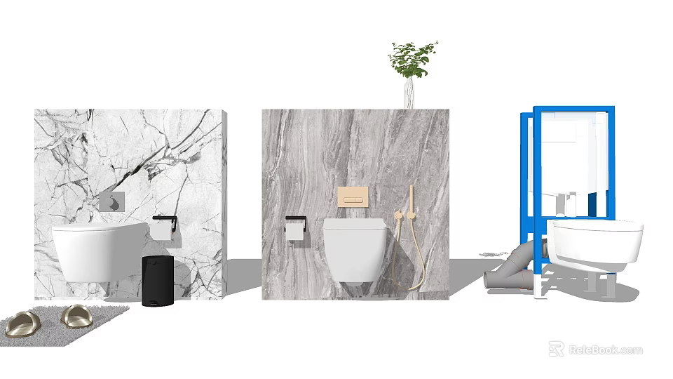 Sleek Toilet in Modern Bathroom with Marble Wall Toilet Paper Holder and Handheld Bidet Spray 3d model 
