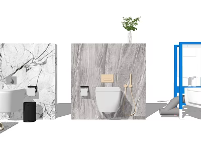 Sleek Toilet in Modern Bathroom with Marble Wall Toilet Paper Holder and Handheld Bidet Spray 3d model
