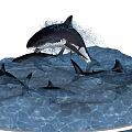Group of Sharks Swimming in Turquoise Water with One Leaping Over Waves