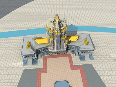Architectural Model Of Grand Building With Golden Tower Roof Square And Water Channel 3d model