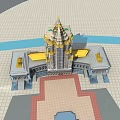 Architectural Model Of Grand Building With Golden Tower Roof Square And Water Channel