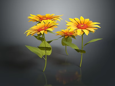 Group of Yellow Flowers With Green Leaves On Dark Background Surface 3d model