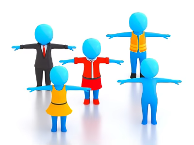 Decorative Figurine Set Human Shaped Blue Figures With Various Colorful Outfits And Outstretched Arms 3d model