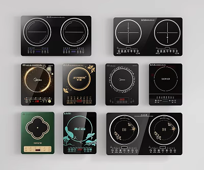 Stylish Modern Induction Cooktops with Different Patterns and Control Panels for Kitchen Appliances 3d model