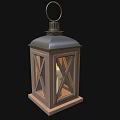 Vintage Candle Lantern Featuring Wooden Frame Glass Panels Metallic Top and Lit Candle