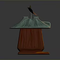 Wooden Birdhouse With Teal Wavy Roof And Colorful Leaf Decoration