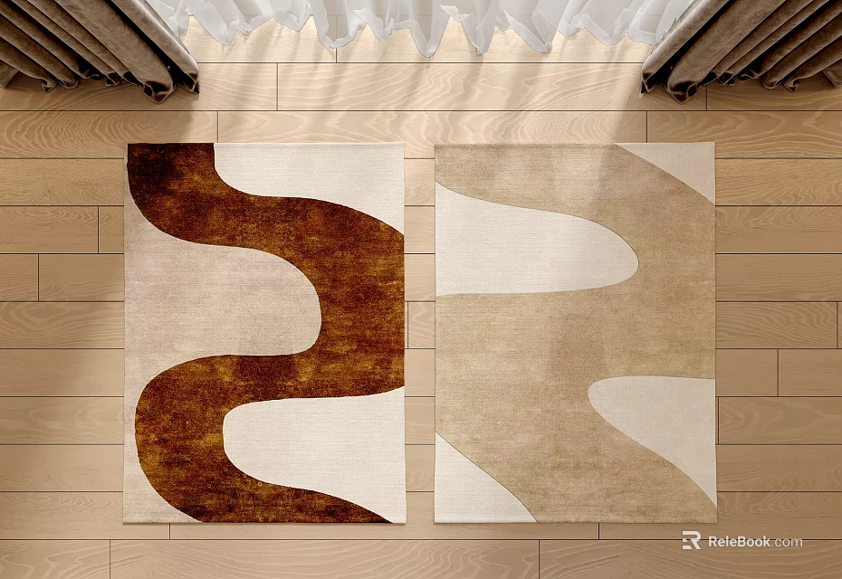 Modern Square Rugs with Brown Beige Curved Patterns on Wooden Floor 3d model 
