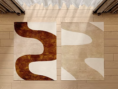 Modern Square Rugs with Brown Beige Curved Patterns on Wooden Floor 3d model