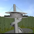 White Spiral Tower With Round Observation Deck And Cable Stayed Structure In Forest