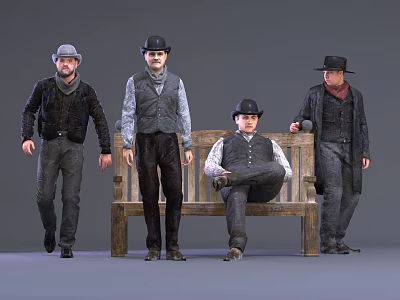 Group of Four Men in Vintage Clothing Standing and Sitting by Wooden Bench 3d model