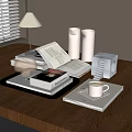 Stylish Decorative Ornament Set with Table Lamp Books Tray and Metal Ornaments on Wooden Table
