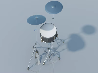 Blue Cymbals And White Drumhead On Metal Stand Drum Set With Gray Background 3d model