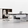 Modern Office Desk With Laptop Ergonomic Chair And Wooden White Storage Cabinet