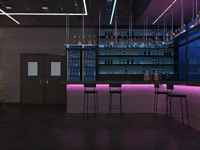 Modern Restaurant Interior With Bar Counter Wine Racks Purple Lighting And Bar Stools 3d model