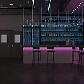 Modern Restaurant Interior With Bar Counter Wine Racks Purple Lighting And Bar Stools