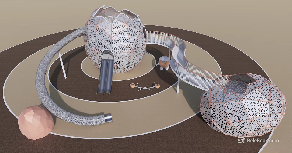 Innovative Playground Equipment Featuring Spherical Mesh Structures Spiral Slides And Circular Layout 3d model 