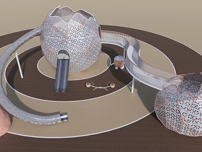 Innovative Playground Equipment Featuring Spherical Mesh Structures Spiral Slides And Circular Layout 3d model