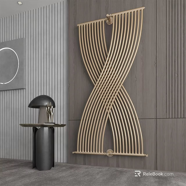 Modern Radiator With Curved Brass Lines On Gray Wooden Wall And Black Decorative Lamp 3d model 
