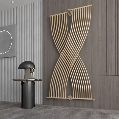 Modern Radiator With Curved Brass Lines On Gray Wooden Wall And Black Decorative Lamp 3d model