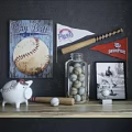 Sports Themed Decorative Ornament Set Featuring Baseball Bat Flags Posters Photos And Balls Bucket