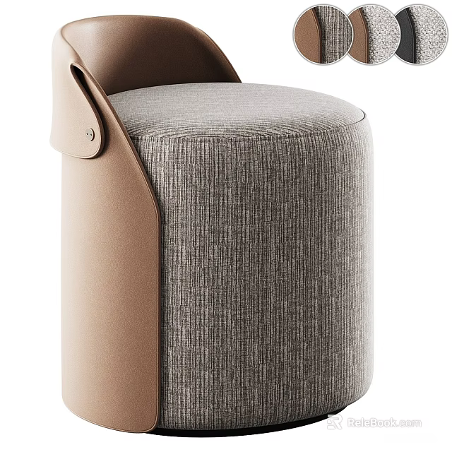 Modern Round Stool with Gray Fabric Cushion Brown Leather Accents and Metal Button Details 3d model 